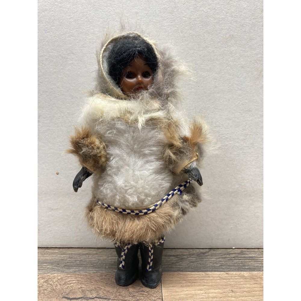 Vintage Inuit Alaskan Eskimo Doll Real Fur‎ Clothes 7.5" Orange Sleepy Eyes